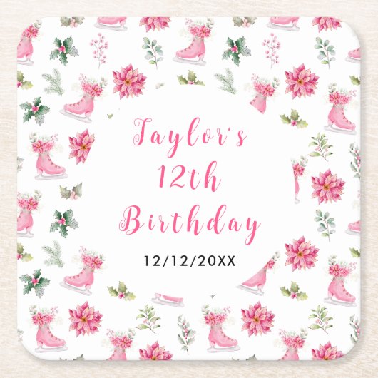 Ice Skating Birthday Party Pink Rechteckiger Pappuntersetzer (Vorderseite)