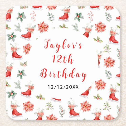 Ice Skating Birthday Party Red Rechteckiger Pappuntersetzer (Vorderseite)