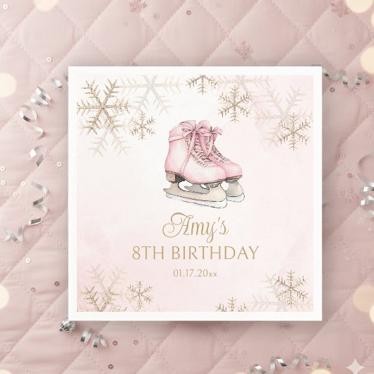 Ice Skating Girl Birthday Pink Bow Gold Snowflakes Serviette