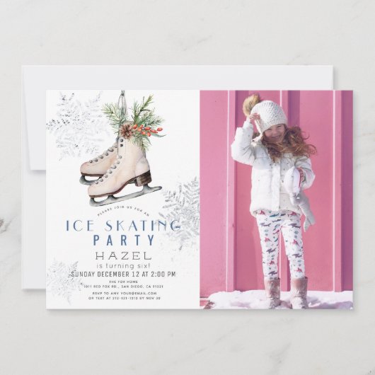 Ice Skating Party Snowflake White Birthday Photo Einladung (Vorderseite)