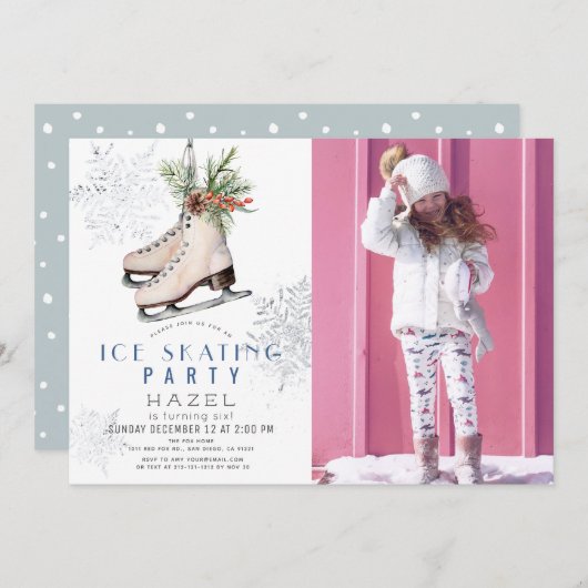 Ice Skating Party Snowflake White Birthday Photo Einladung (Vorne/Hinten)