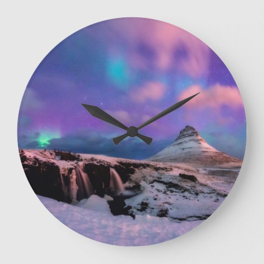 Ice & Snow | Northern Lights,  Kirkjufell Mountain Große Wanduhr (Vorderseite)