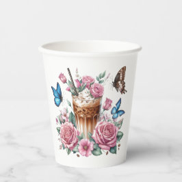 Iced Coffee & Butterfly Floral Art Pappbecher