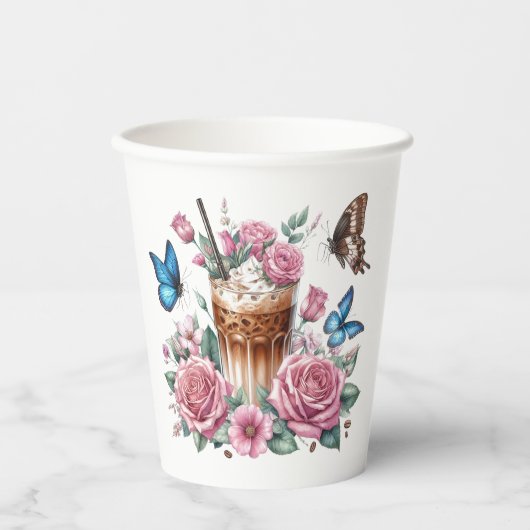 Iced Coffee & Butterfly Floral Art Pappbecher (Vorderseite)