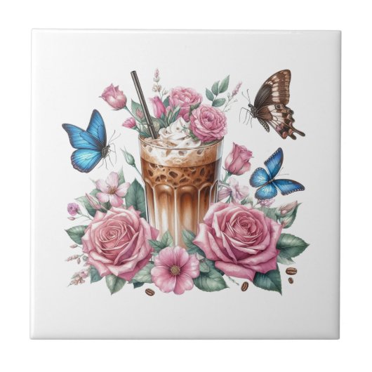 Iced Coffee & Butterfly Floral Ceramic Tile Fliese (Vorderseite)