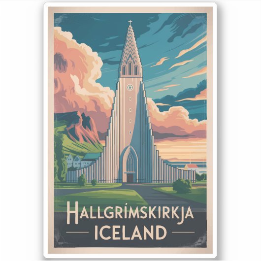 Iceland Hallgrimskirkja Illustration Travel Art Aufkleber (Vorderseite)