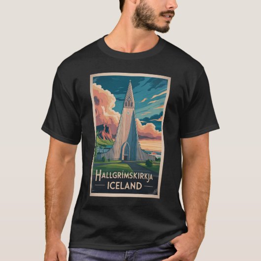 Iceland Hallgrimskirkja Illustration Travel Art T-Shirt (Vorderseite)