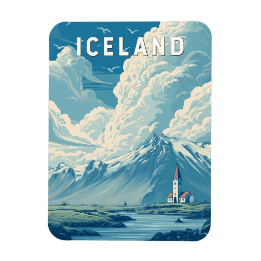 Iceland Illustration Travel Art Vintage Magnet (Vertikal)