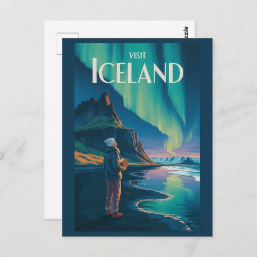 Iceland Northern Lights Illustration Travel Art Vi Postkarte (Vorne/Hinten)