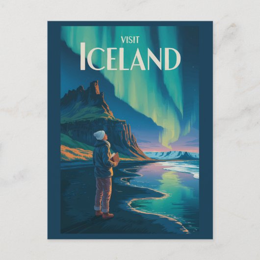 Iceland Northern Lights Illustration Travel Art Vi Postkarte (Vorderseite)