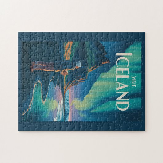Iceland Northern Lights Illustration Travel Art Vi Puzzle (Horizontal)