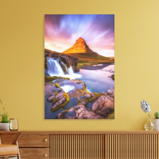 Iceland sunset, beautiful landscape with waterfall leinwanddruck (Insitu (Wohnzimmer))
