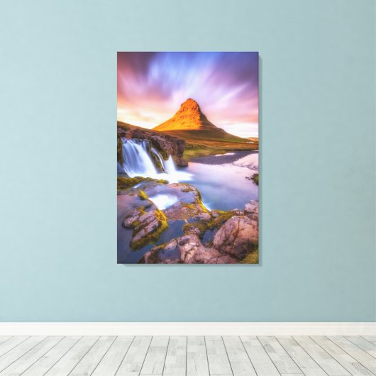 Iceland sunset, beautiful landscape with waterfall leinwanddruck (Insitu (Holzboden))