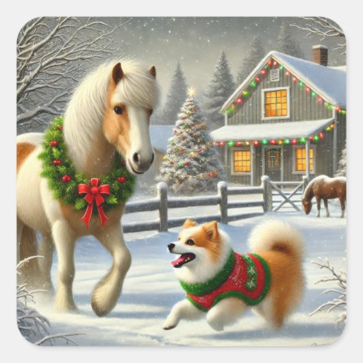 Icelandic Horse and Dog Christmas Sticker (Vorderseite)