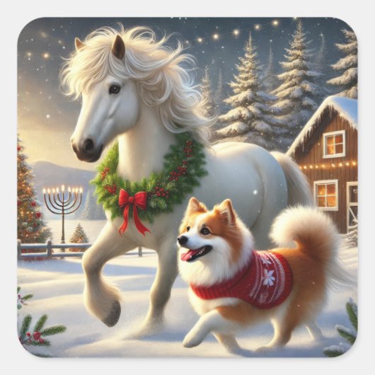 Icelandic Horse and Dog Holiday Sticker (Vorderseite)