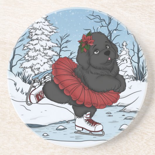Iceskating Newfundland Welppy Winter Wonderland Getränkeuntersetzer (Vorne)