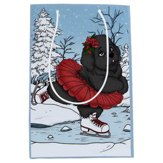 Iceskating Newfundland Welppy Winter Wonderland Mittlere Geschenktüte (Vorderseite)
