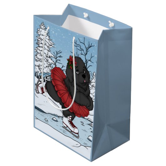 Iceskating Newfundland Welppy Winter Wonderland Mittlere Geschenktüte (Rückseite Schrägansicht)