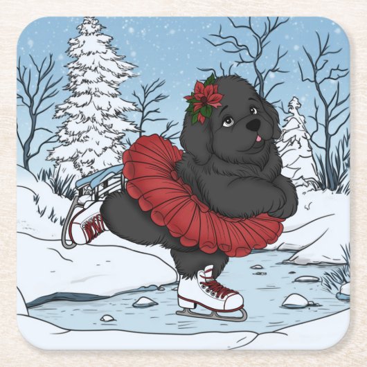 Iceskating Newfundland Welppy Winter Wonderland Rechteckiger Pappuntersetzer (Vorderseite)