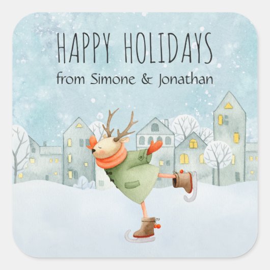 Iceskating Woodland Hirsch Weihnachtsfeiertag Quadratischer Aufkleber (Vorderseite)