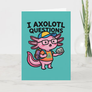 Ich Axolotl Fragen Schulkind hält Stein Neugierde Karte