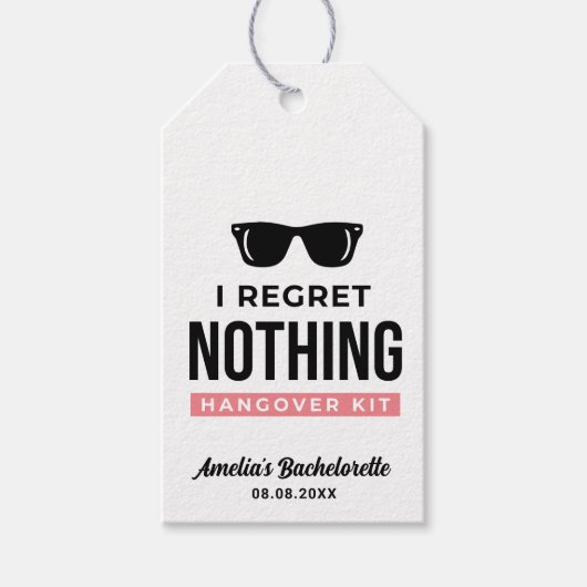 Ich bedaure nichts Junggeselinnen-Abschied Hangove Geschenkanhänger (Vorderseite)