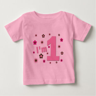 "Ich bin 1" Rosa und Brown-Blumen-Geburtstag Baby T-shirt