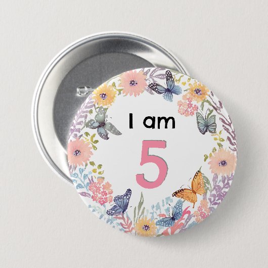 Ich bin 5 wunderschöne Blumenschmetterling-Button- Button (Vorne & Hinten)
