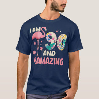 Ich bin 90 und flammendes Bithday Flamingo 90. Tag T-Shirt