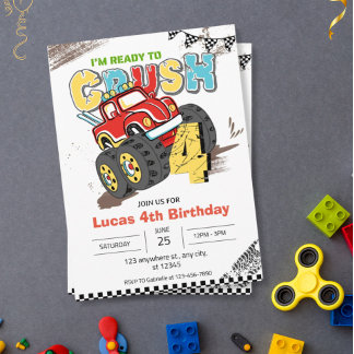 Ich bin bereit, Monster Truck 4. Geburtstagsjunge Einladung