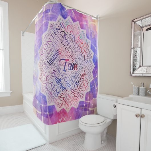 Ich bin Bestätigungs-Wort-Wolken-Kunst im Lotos Duschvorhang (Beispiel)