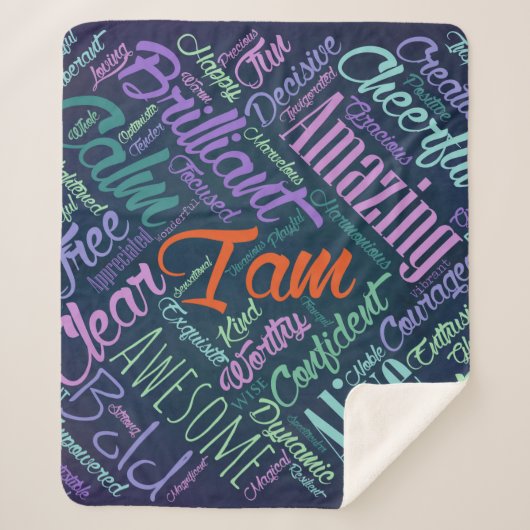 Ich bin Bestätigungs-Wort-Wolken-Kunst Sherpadecke (Vorderseite)