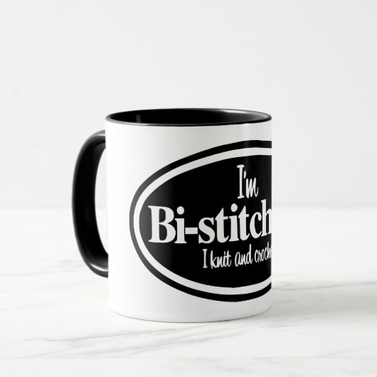 "Ich bin Bistitchual - I Strick and Crochet" Tasse (Vorderseite Links)