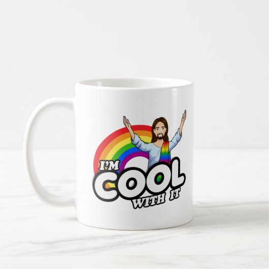 Ich bin Cool damit - Regenbogen Jesus Kaffeetasse (Links)