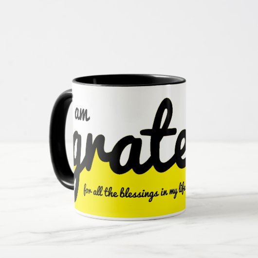 Ich bin dankbar Farbblock Gelb Schwarz und Weiß Tasse (Vorderseite Links)