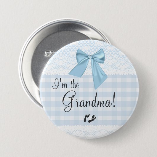 Ich bin der Großmutter-blaue Gingham und beuge Button (Vorne & Hinten)