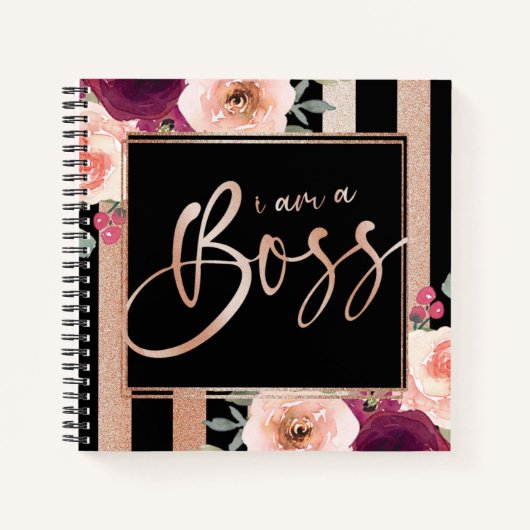 Ich bin ein Boss Floral Black Rose Gold Glitzer Notizblock (Vorderseite)