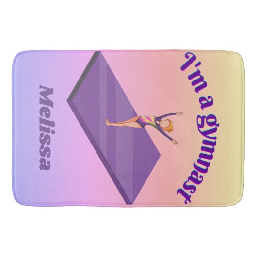 Ich bin ein Gymnastikmädchen mit Leotard auf Lila Badematte (Vorderseite)