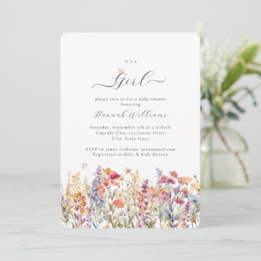 Ich bin ein Mädchen! Modern, Wildblume, Babydusche Einladung (Stehend Vorderseite)