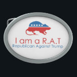 Ich bin ein R.A.T.: Republikaner gegen Trump Ovale Gürtelschnalle<br><div class="desc">Er ist der offizielle Kandidat der Republikaner, aber einige Republikaner glauben, er sei nicht der richtige Kandidat. Er ist ein Geschäftsmann, ging aber mehrmals bankrott. Er hat Freunde, aber auch eine wachsende Anzahl von Feinden. Er respektiert Frauen nicht, aber dreimal verheiratet. Zwei seiner Ehen versagte. Immer mehr Republikaner haben Trump...</div>