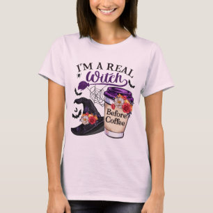 Ich bin eine echte Hexe vor Kaffee für Halbwal T-Shirt