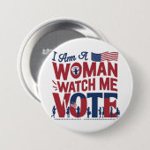 Ich bin eine Frau, die mir den Wahlknopf anschaut Button (Vorne & Hinten)