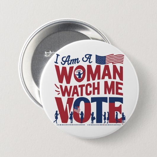 Ich bin eine Frau, die mir den Wahlknopf anschaut Button (Vorne & Hinten)