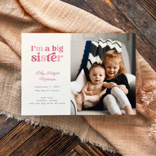 Ich bin eine große Schwester (Rosa) Foto Geburt Ankündigung