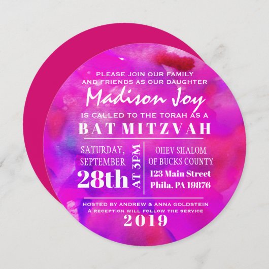 ICH BIN FUSHIA WATERCOLOR Bat Mitzvah Einladung (Vorne/Hinten)