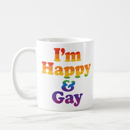 „Ich bin glücklich & gay“ Tasse – Feste Pride Kaff (Links)