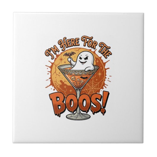 Ich bin hier Boos Halloween-Geist trinkt Spinnenne Fliese (Vorderseite)