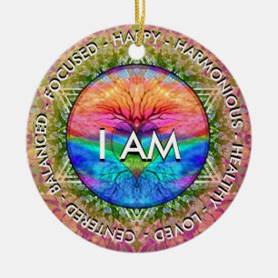 Ich BIN Inspiration Message Rainbow Heart Tree Keramik Ornament