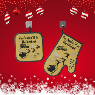 Ich bin leichtsinnig in der Küche! Weihnachtsgold Ofenhandschuh & Topflappen-Set