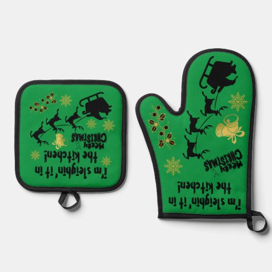 Ich bin leichtsinnig in der Küche! Weihnachtsgrün  Ofenhandschuh & Topflappen-Set (Vorderseite)